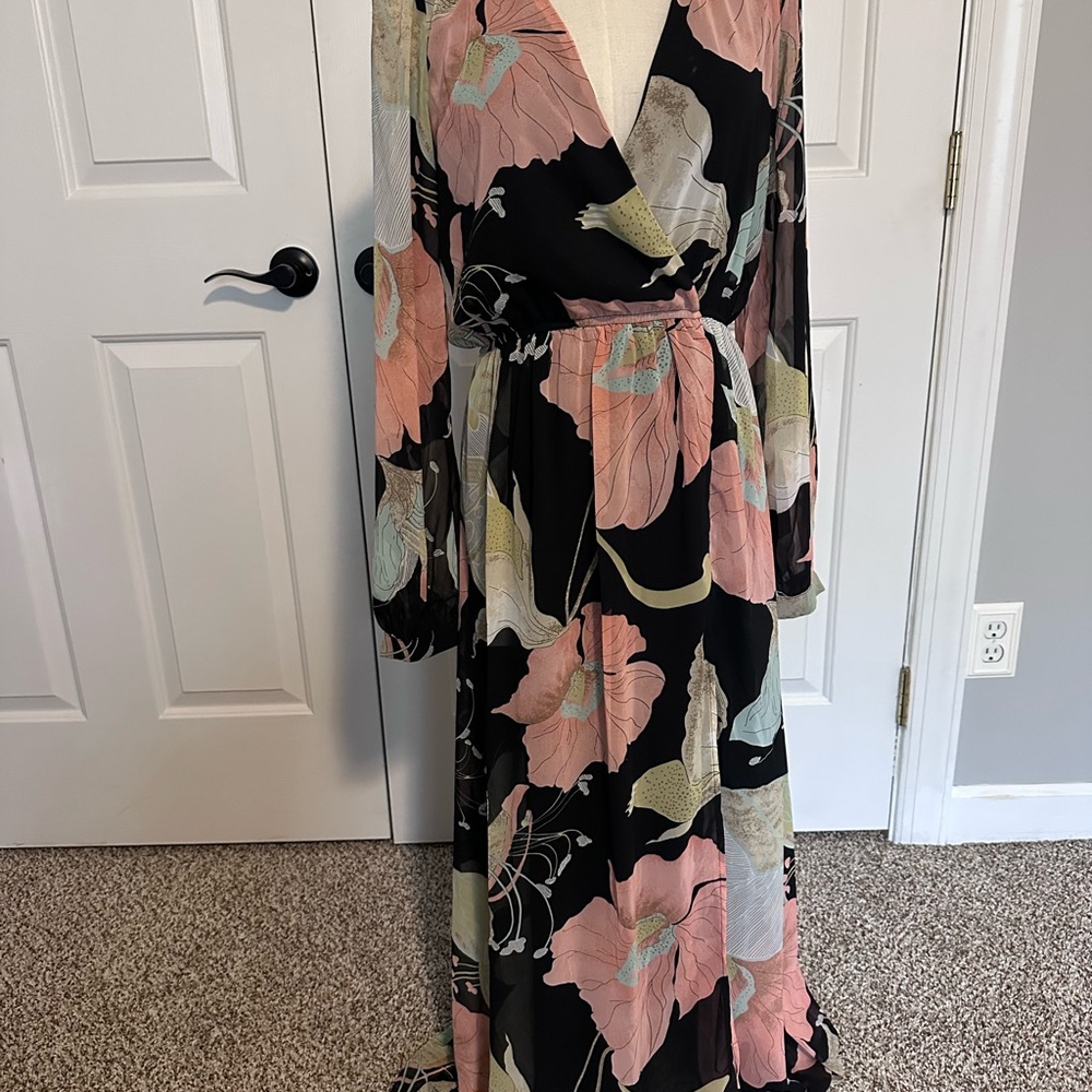 Lulu's Black Maxi Dress with Pink & Mint Floral Print